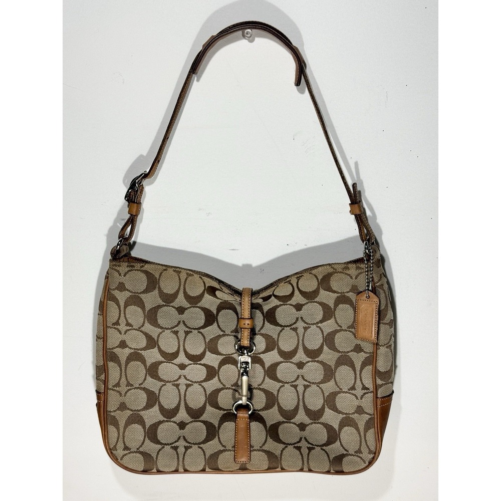 Vintage Y2K COACH 6091 Hampton Beige Signature Canvas Buckle Clip Leather Purse